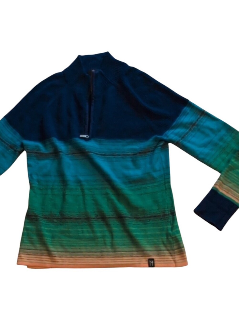 Neve Merino Wool Sweater Zip Neck Pullover Blue Green Yellow Stripe Size L